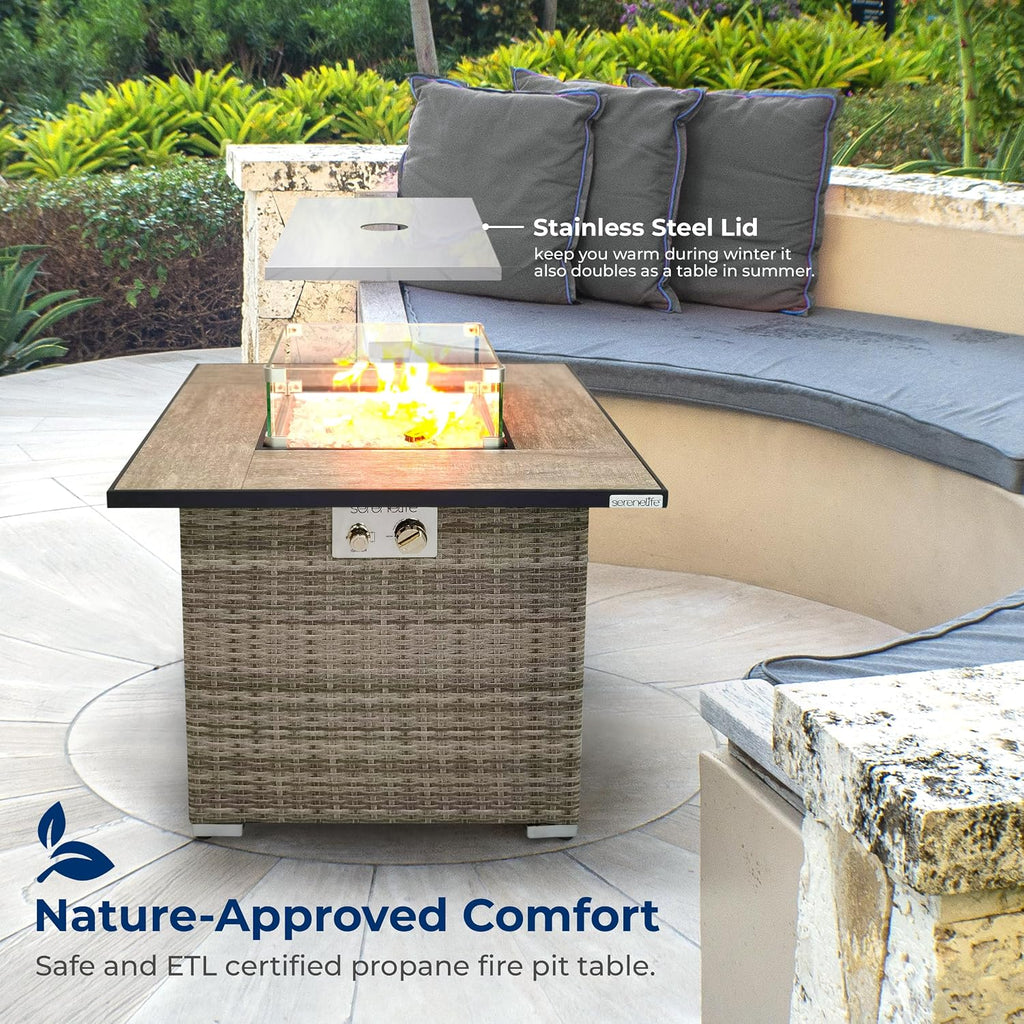 Outdoor Propane Fire Pit Table - CSA/ETL Certified Safe 50,000 BTU Pulse Ignition Weatherproof Square Wicker Propane
