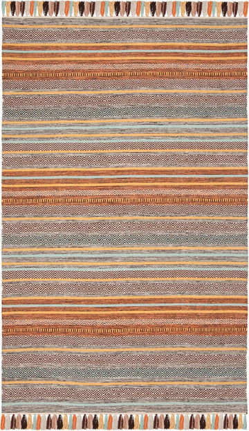 Montauk Collection Area Rug - 5' x 8', Turquoise & Brown, Handmade Boho Stripe Fringe Cotton, Ideal for High Traffic