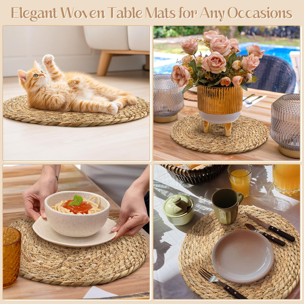 24 Pcs 13.8'' Round Bulrush Placemats, Natural Hand Woven Table Mats