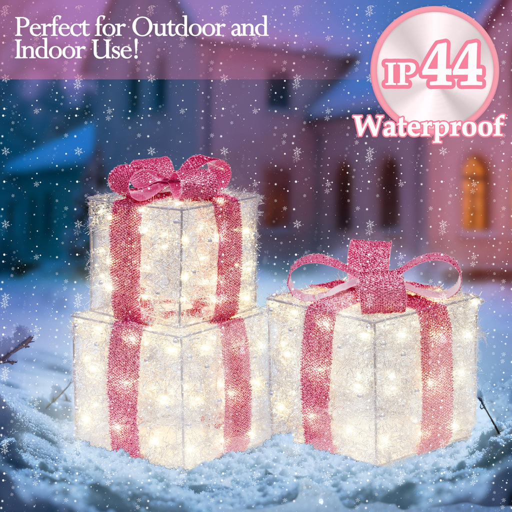 Christmas Decorations, 140 LEDs Set of 3 Lighted Gift Boxes with Silver Tinsel and Pink Bows, Warm White Present