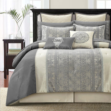 Comforter Set, Grey Beige, Traditional Jacquard Woven with Embroidery, 12 Pieces Bedding Set with Sheets