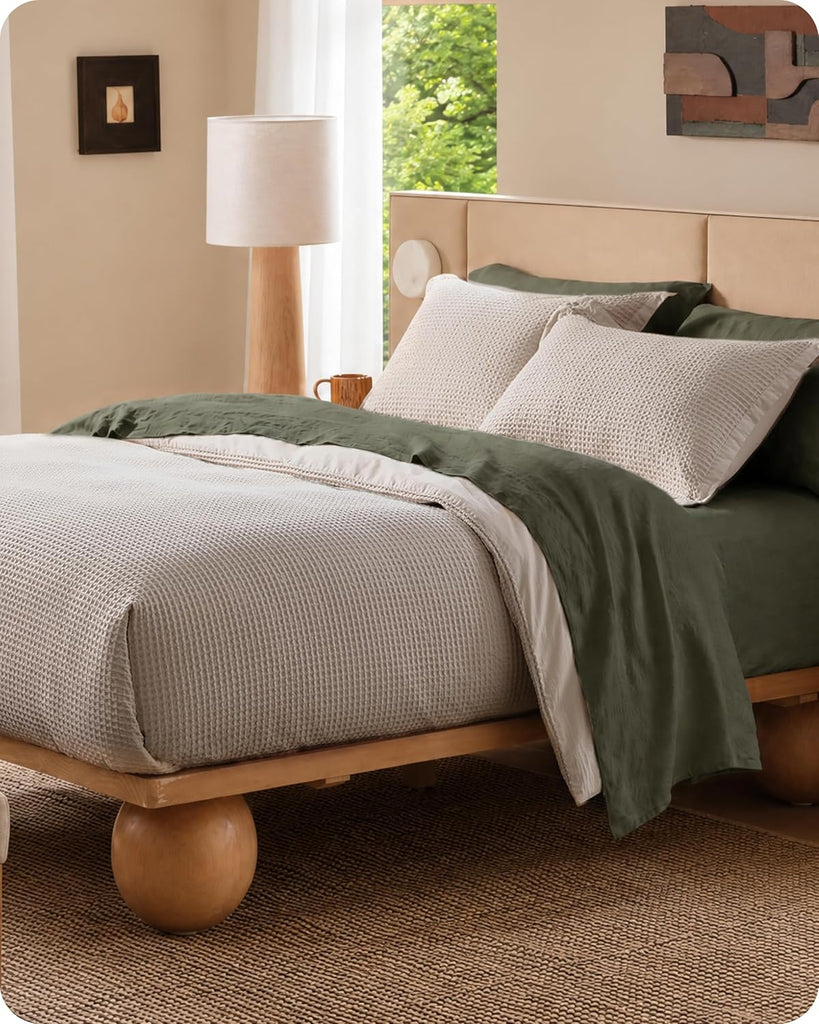 Cotton Duvet Cover Queen - 100% Cotton Waffle Weave Linen Color Duvet Cover Queen, PureWoven Breathable Bedding Set