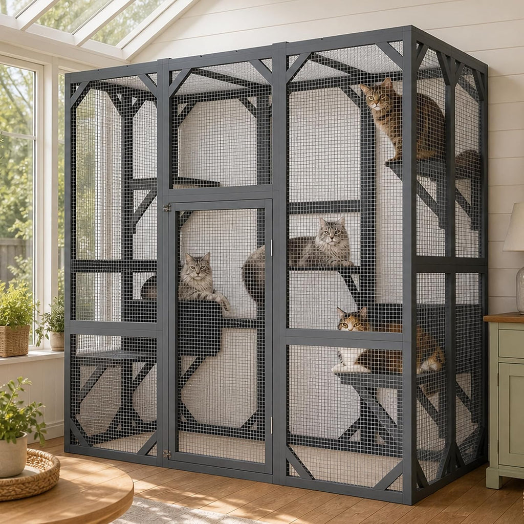 71" H Catio Outdoor Cat Enclosure Large Walk in Wooden Outdoor Catio Grey