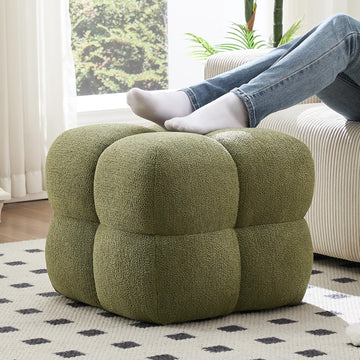 Olive Green‌ Modern Ottoman, 21" Square Fuzzy Couch Sherpa Pouf Ottoman, Tufted Cute Boucle Fabric Foot Stools