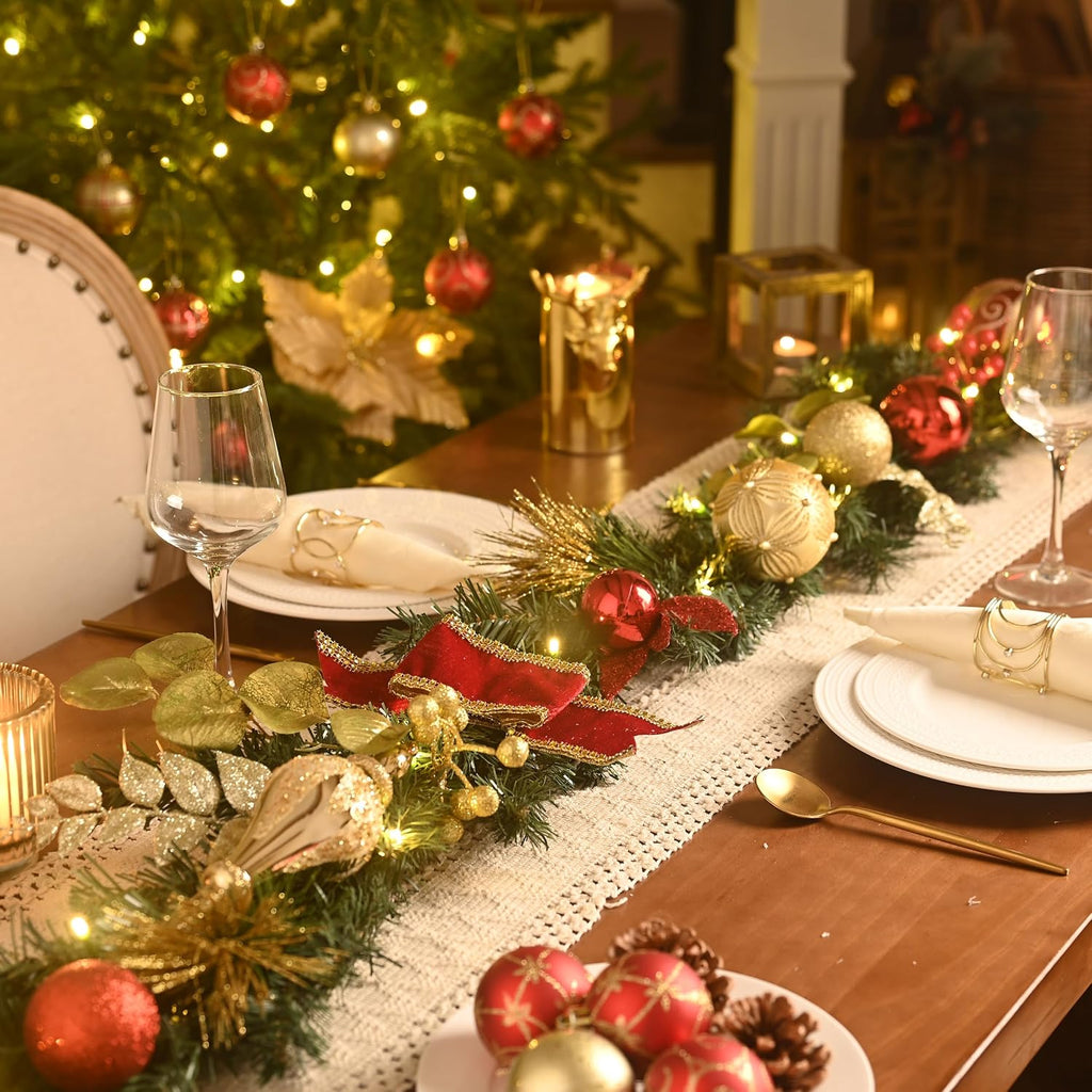 6 Feet Pre-Lit Christmas Garland with Red Gold Ball Ribbons