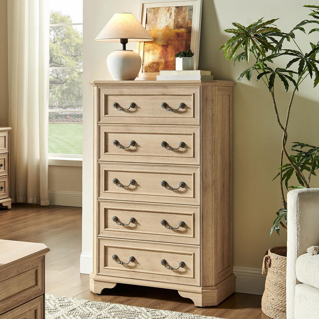 Farmhouse 5 Drawers, 48" Tall Wood Rustic Chest of Drawers with Natural Texture, Vintage Design, Storage Dressers