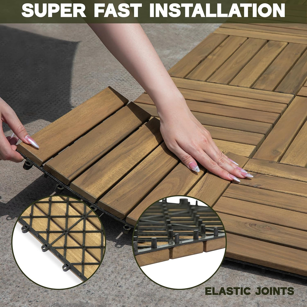 Natural Acacia 12x12 Interlocking Wood Deck Tiles for Balcony, Garden, Patio, Poolside Decor - Waterproof Indoor &