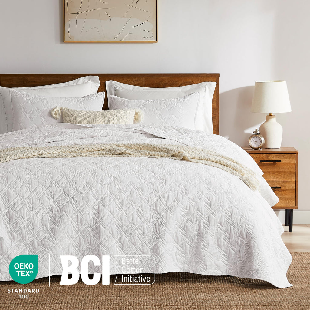 100% Cotton White Oversized Quilt Bedding Sets with 2 Pillow Shams, Shabby Chic Rustic Textured