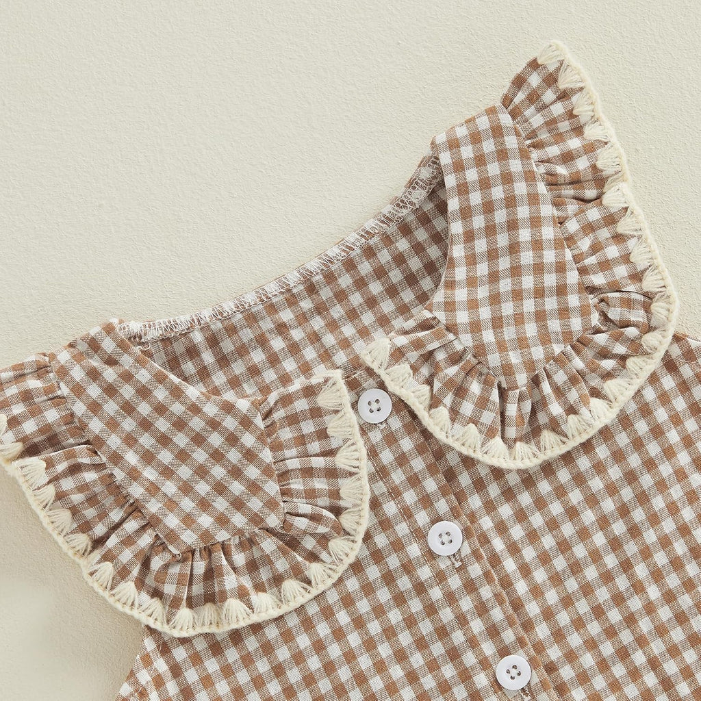 Girls Summer Outfits Ruffle Sleeve Button Up Dress Tops Plaid Linen Pants Spring Toddler Girl Clothes