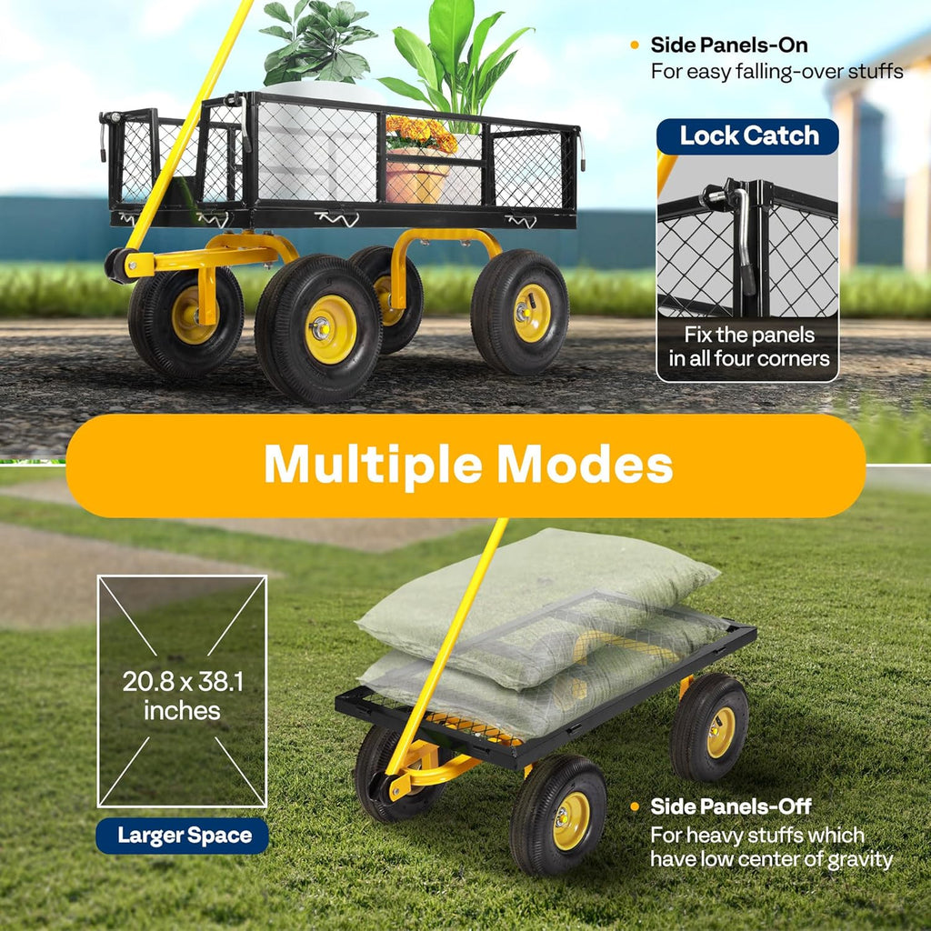 Heavy Duty 880 Lbs 4.5 Cu Ft Mesh Steel Garden Cart Utility Wagon | Removable Sides and 4.10/3.50-4" Wheels 10 inch