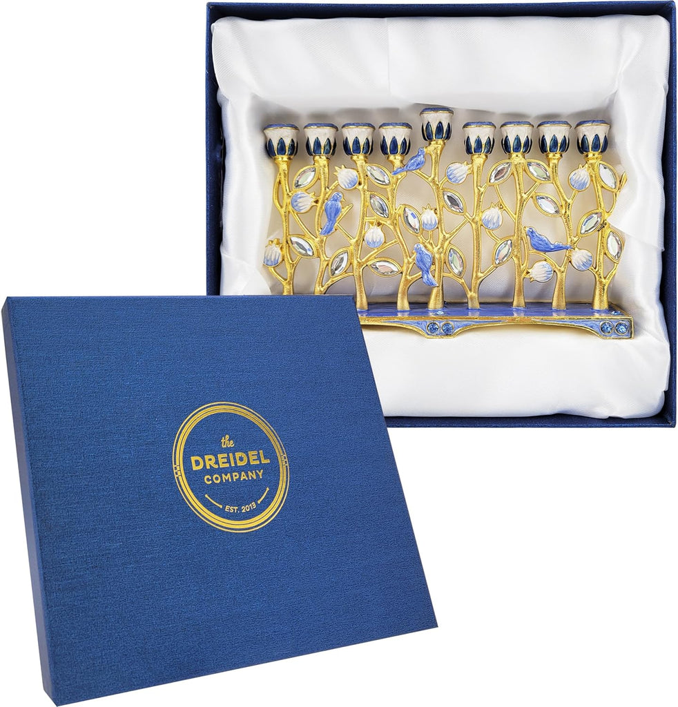Hanukkah Enamel Pomegranate & Blue Bird Design, Hand-Painted Enameled Metal This Ornate 9 Branch Measures 12" High X