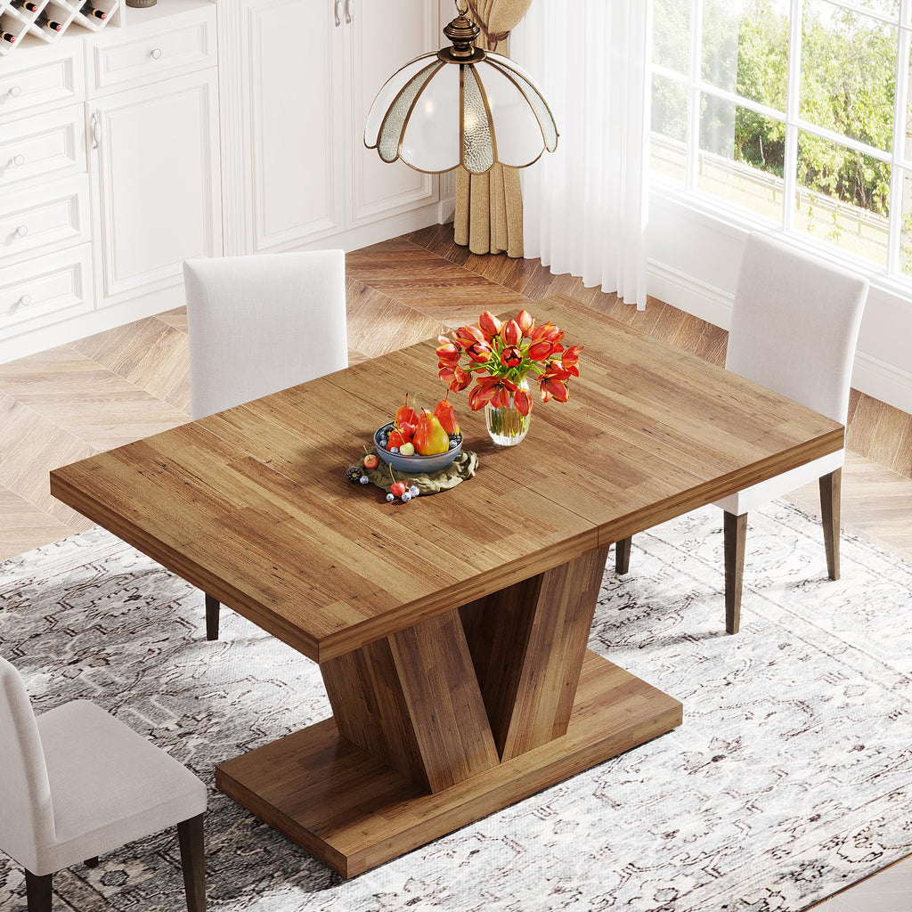 47-Inch Dining Table for 4, Walnut Brown Kitchen Dinner Table with Heavy Duty Pedestal, Farmhouse Wooden Eating Table