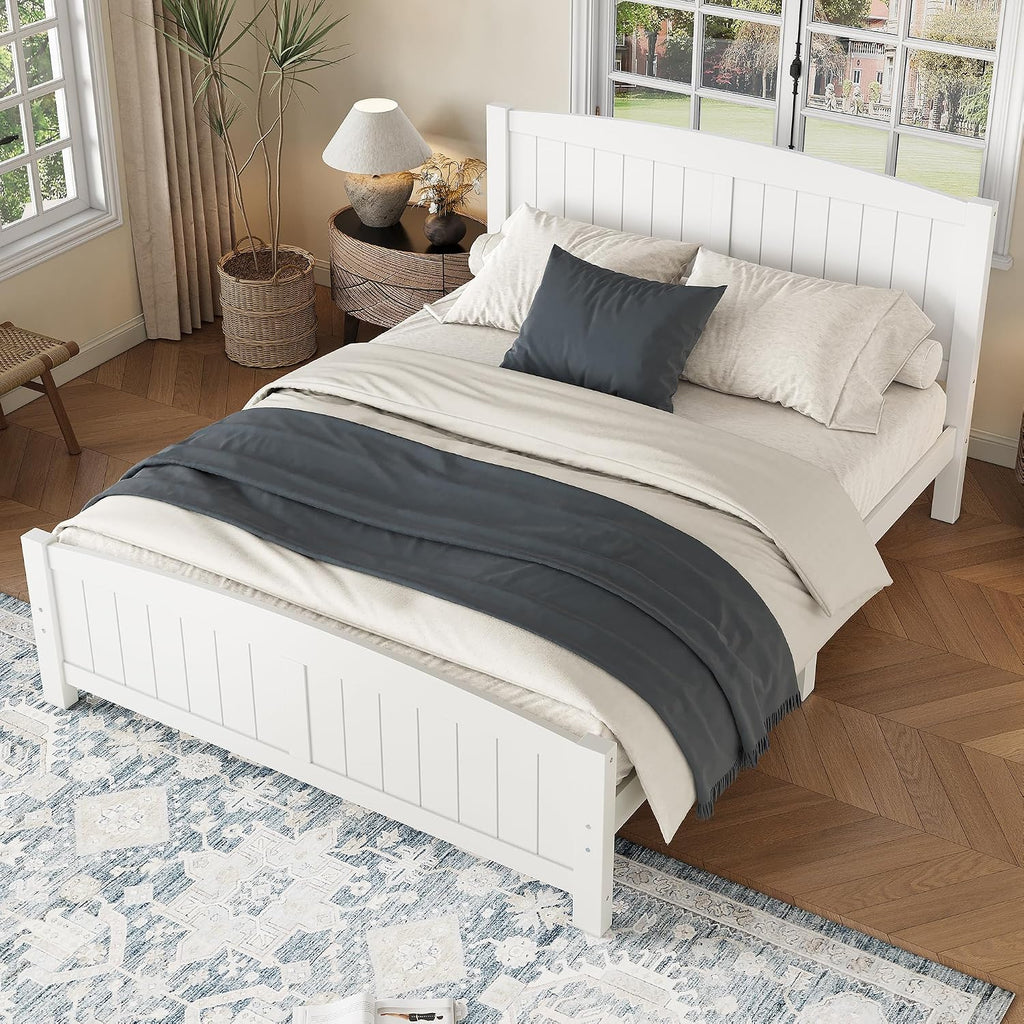 Queen Farmhouse Bed Frame with Headboard & Footboard, White Mid-Century Modern Platform Bed Queen, Vintage Solid Wood