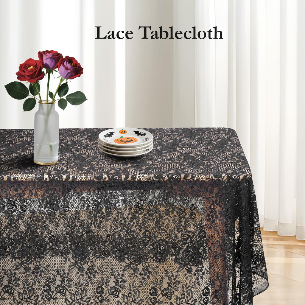 60 x 120 Inch Black Lace Tablecloth - Elegant Vintage Overlay for Rustic Boho Weddings, Bridal Showers, and Parties