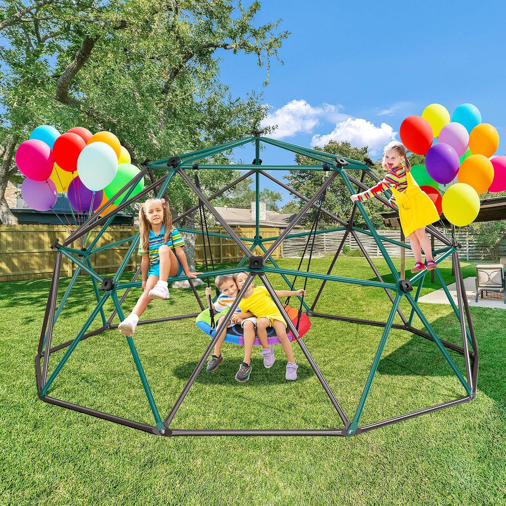 10 ft Climbing Dome Swing Set with Saucer Swing for Kids Outdoor | ASTM Certified Jungle Gym with 3D Assembly Video