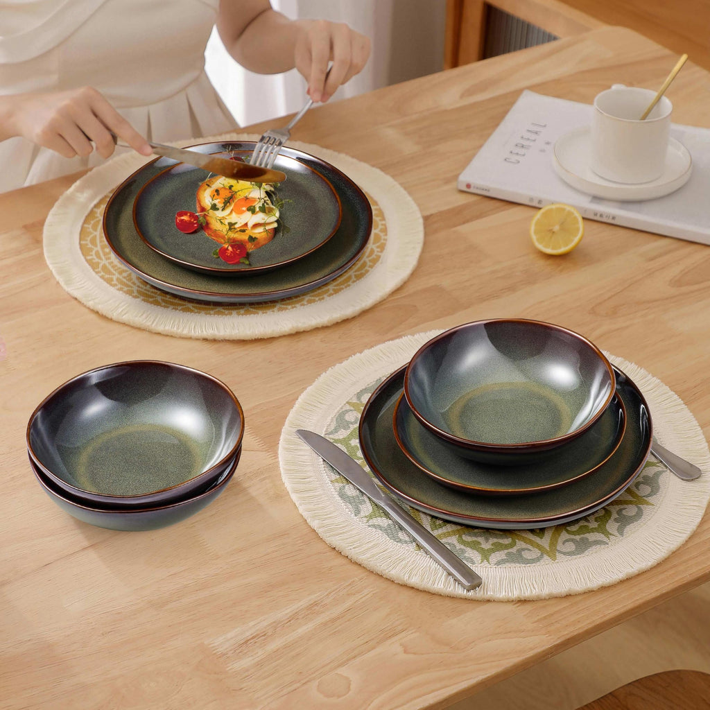 18PCS Dinnerware Sets for 6, Stoneware Plates and Bowls Dish Set, Irregular Handmade Dinner Ware Dishware Dinning