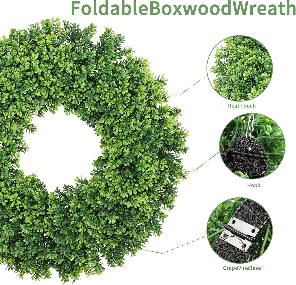 24 Inch Boxwood Wreath for Front Door, Spring/Summer All Season Door Wreath, Farmhouse Style, Outdoor Indoor Decor