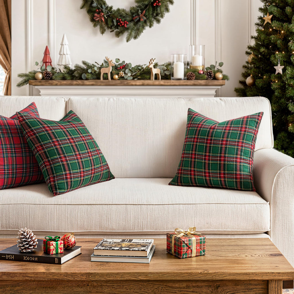 Christmas Scottish Plaid Throw Pillow Covers 20x20 Red Green