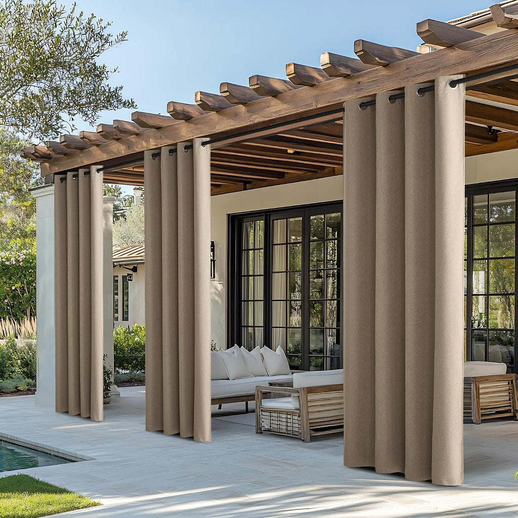 Outdoor Curtains Waterproof, Thermal Insulated Linen Textured 100% Blackout Outside Drapes for Gazebo, Privacy Sun