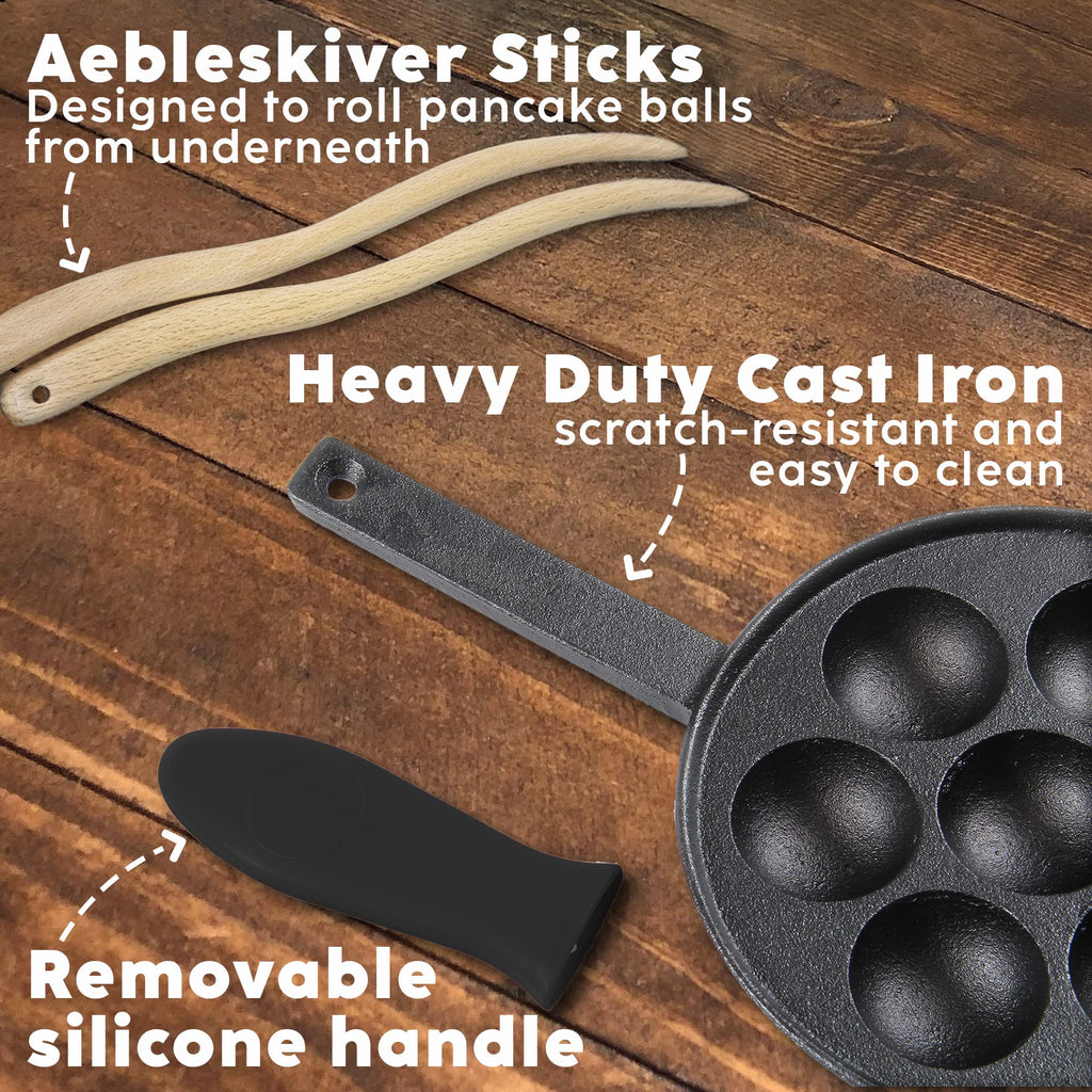 Cast Iron Aebleskiver Pan - Ideal for Mini Pancake Mold, Cake Pop Pan, and Takoyaki Maker (Black)