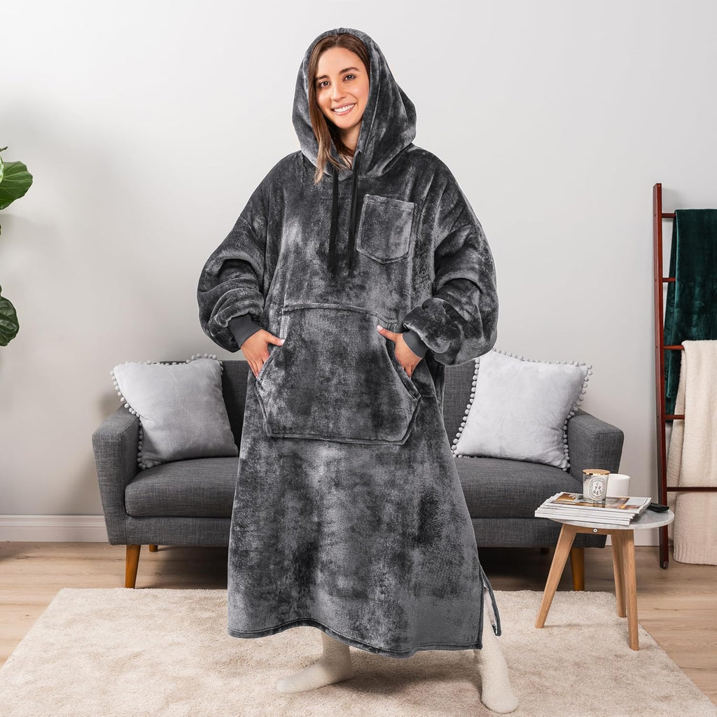 Blanket Hoodie for Women Grey, Sherpa Wearable Blanket Men, Cozy Oversized Sweatshirt Blanket, Warm Fleece Hooded