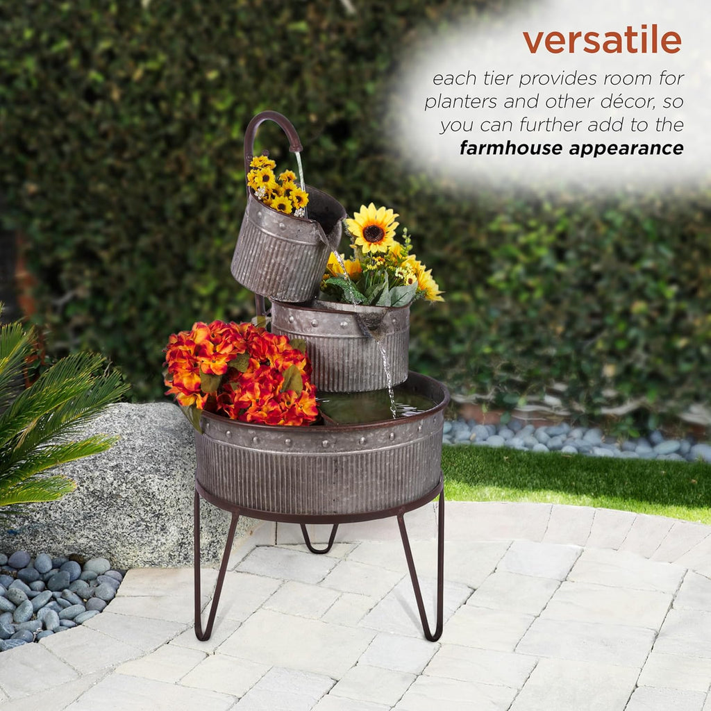 33" Outdoor Floor 3-Tier Vintage Tubs and Planters Fountain, Rustic Metal Cascading Waterfall Feature for Gardens