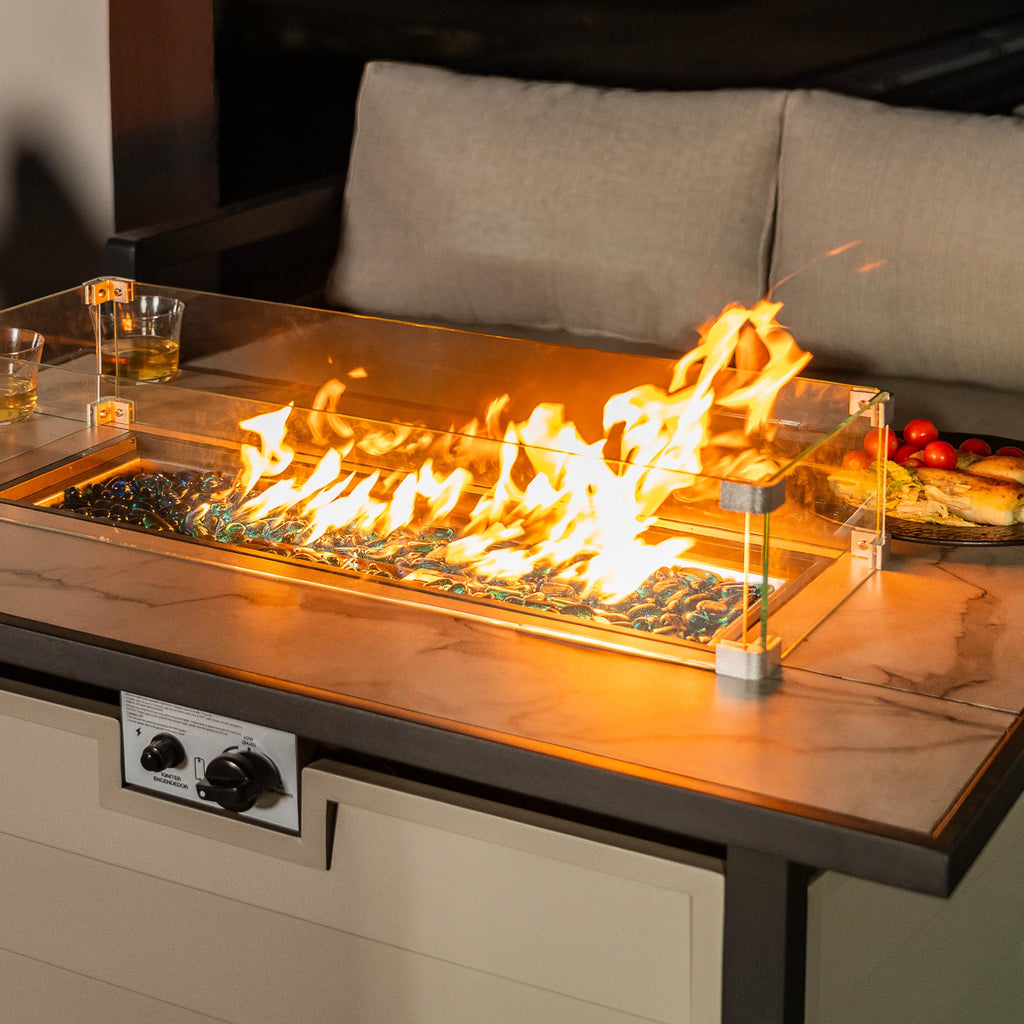 43'' Patio Propane Fire Pit Table, 50, 000 BTU Gas Fire Pit with Marble-Textured Glass Top, Wind Guard, Lid, Glass