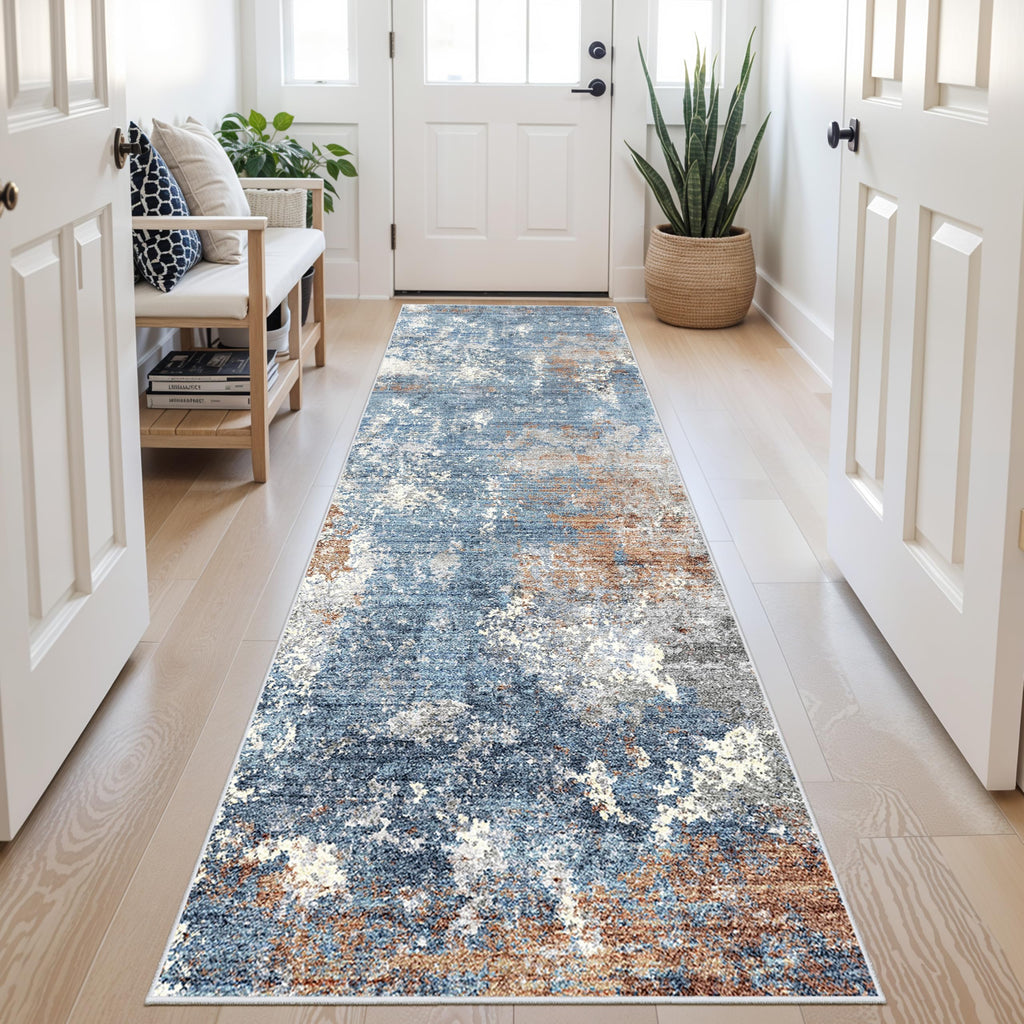 3x8 Washable Hallway Runner - Non-Slip Abstract Modern Neutral Wide Carpet Runner Floor, Entryway, Bedroom, Living