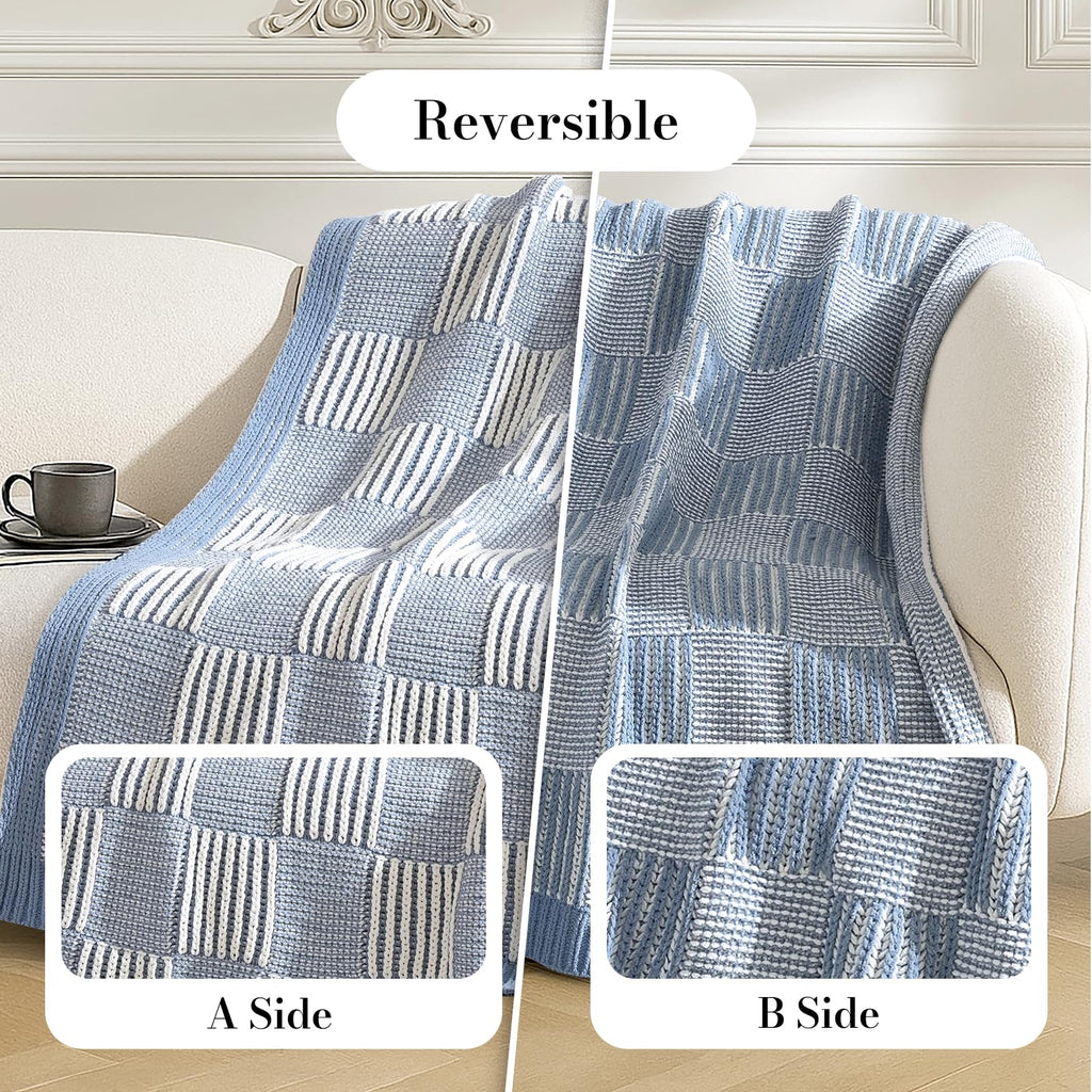 Checkered Knit Throw Blanket for Couch, Blue 50"x60"