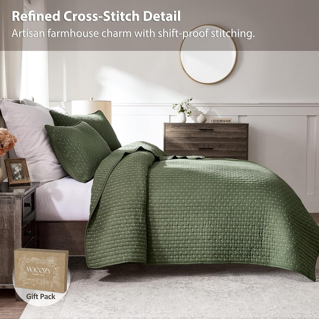 Olive Green Cross Stitch Queen Quilt Set, Striped Lightweight Soft Bedspread, Channel Farmhouse Rustic Coverlet, All