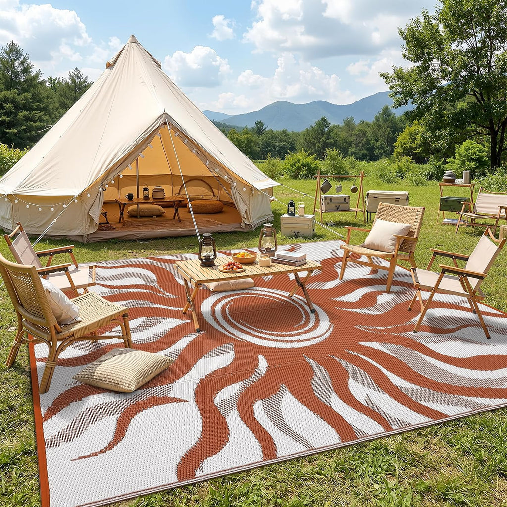 Outdoor Rug 9x12 Waterproof Patio Rugs with Boho Sun Pattern, Reversible Plastic Straw Camping Rugs Outdoor Indoor RV
