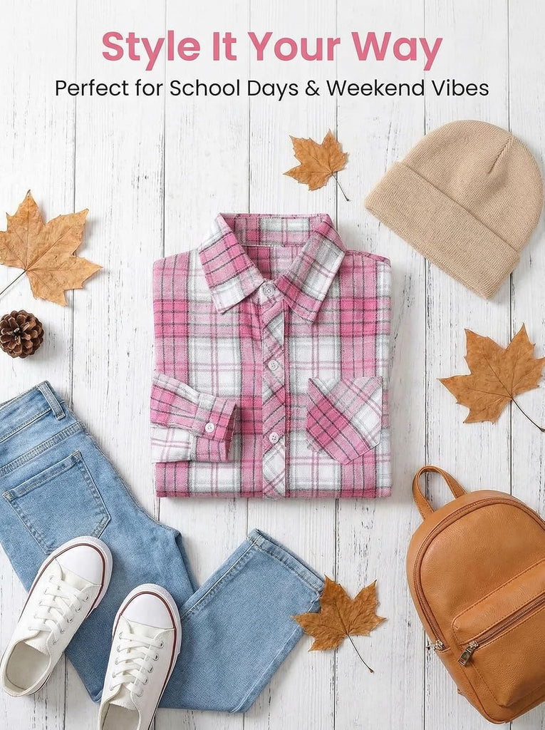 Girls Long Sleeve Flannel Buffalo Plaid Button Down Shirt