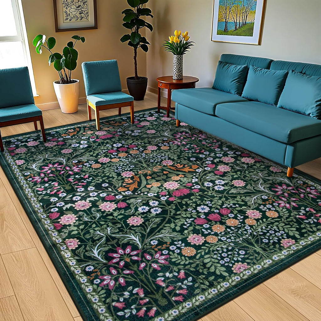 8x10 Area Rugs for Living Room: Floral Washable Rug Vintage Large Soft Boho Non-Slip Carpet Indoor Floor Stain