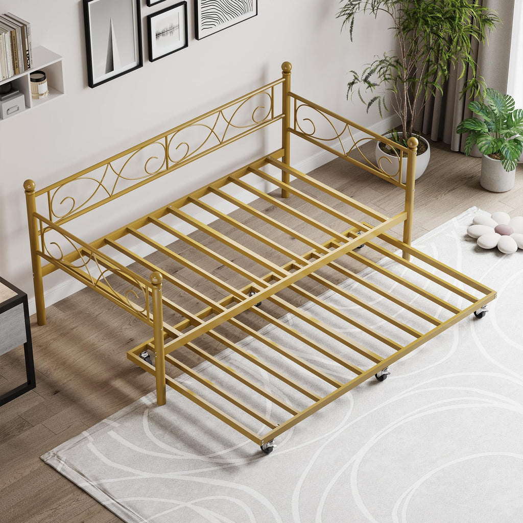 Daybed with Trundle Bed, Twin Size Day Bed with Floral Headboard, Metal Sofa Bed Frame with Pull-Out Trundle, Heavy