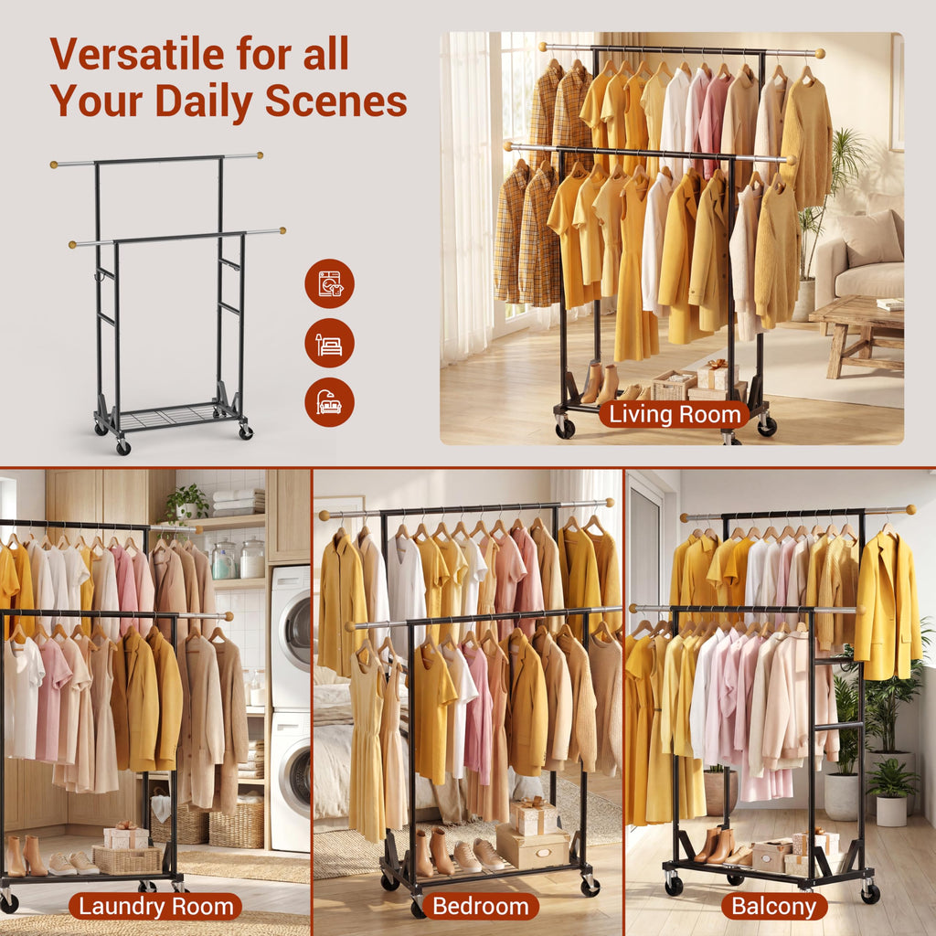 Rolling Garment Rack - Double Rod Clothes Rack with Lockable Casters, Mesh Storage Shelf & Anti-Slip Wooden Finials