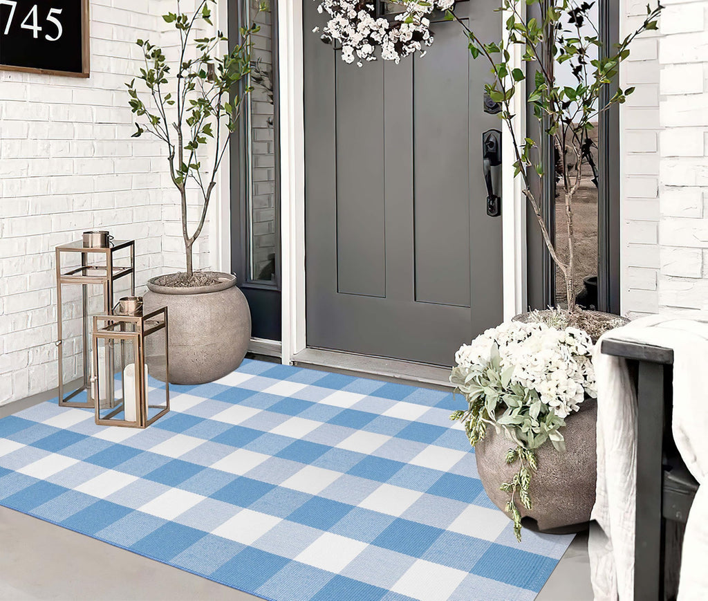 Washable 3'x5'Outdoor Rug, Light Blue White Buffalo Plaid Front Door Mat