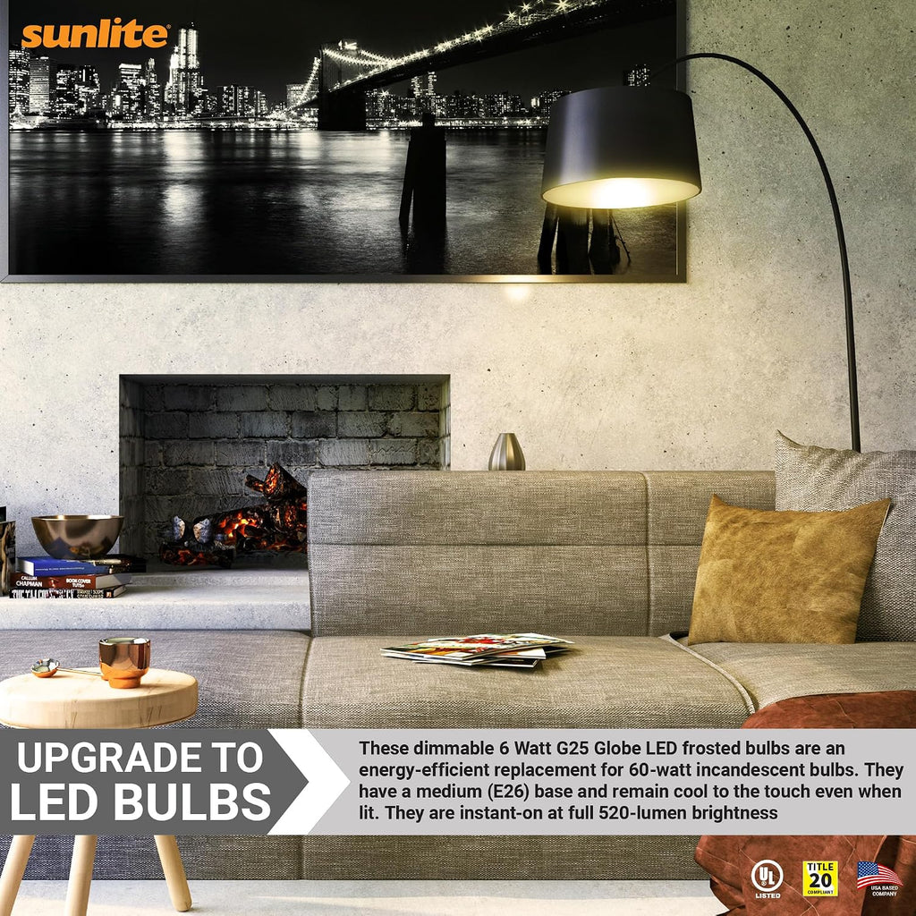 G25 Globe Light Bulbs, 6W (60W Equi.), Medium E26 Base, 500 Lmns, Dimmable Round Type G Vanity LED Bulb, Frosted, 90