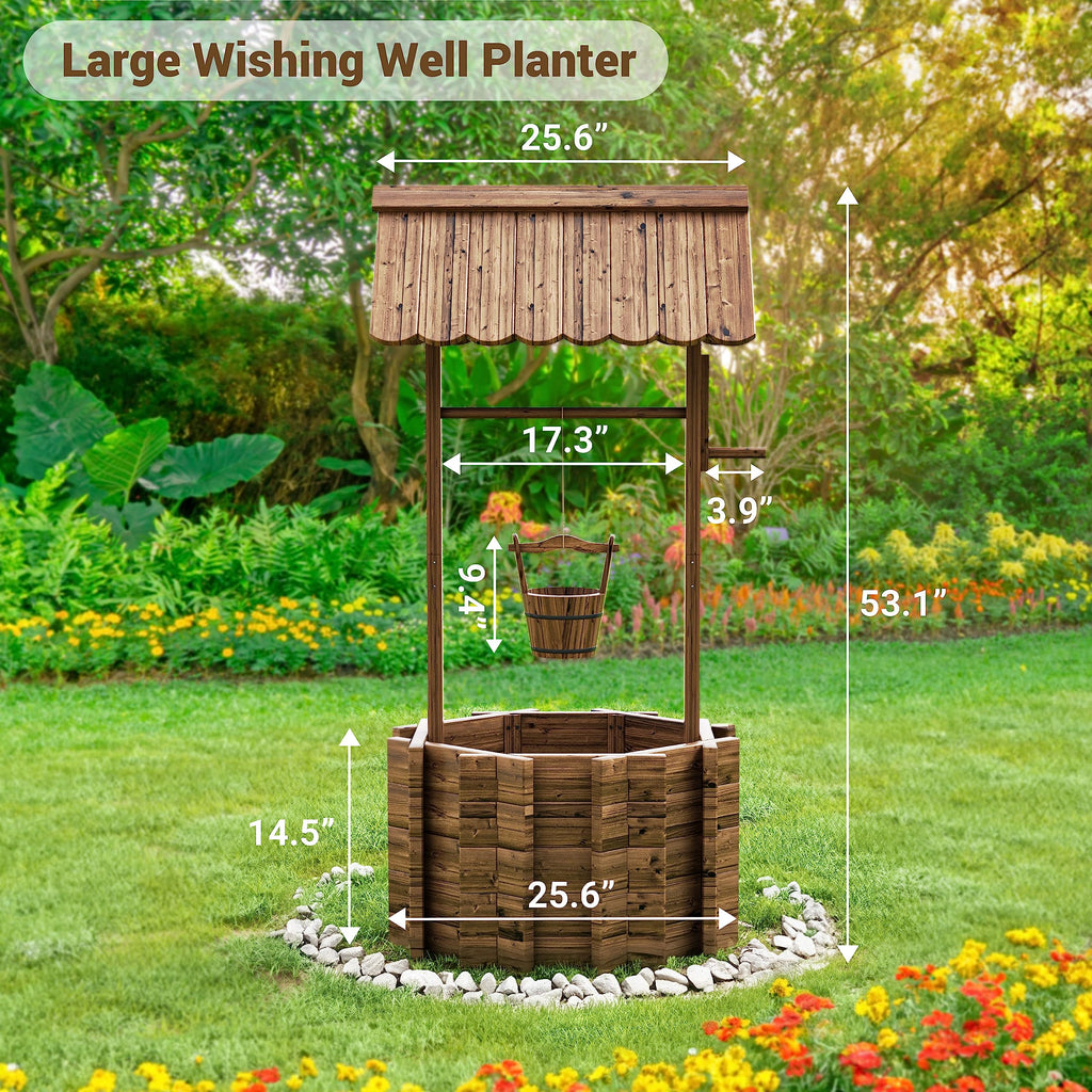 Wishing Wells for Outside, Wooden Wishing Well Planter for Yard, Upgrade Wishing Well with 4 Reinforced Rod & Hanging