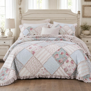 Cottage Floral Patchwork Bedspread Set - Hint of Mint Dainty Quilted Cotton Blooming Garden Botanical - Multi