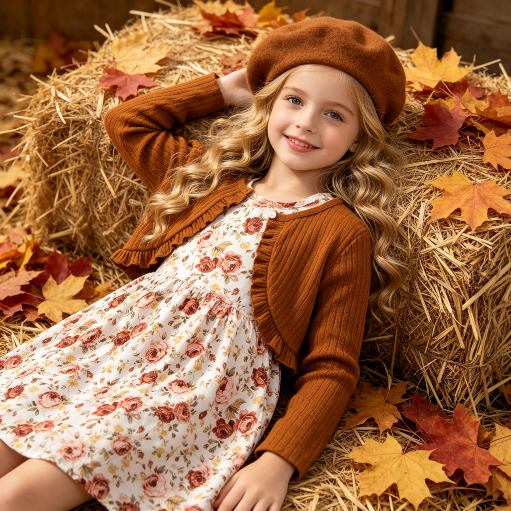 Kid Toddler Girl Fall Dress+Cardigan 2 Piece Floral/Plaid Sleeveless Dress and Cardigan Set