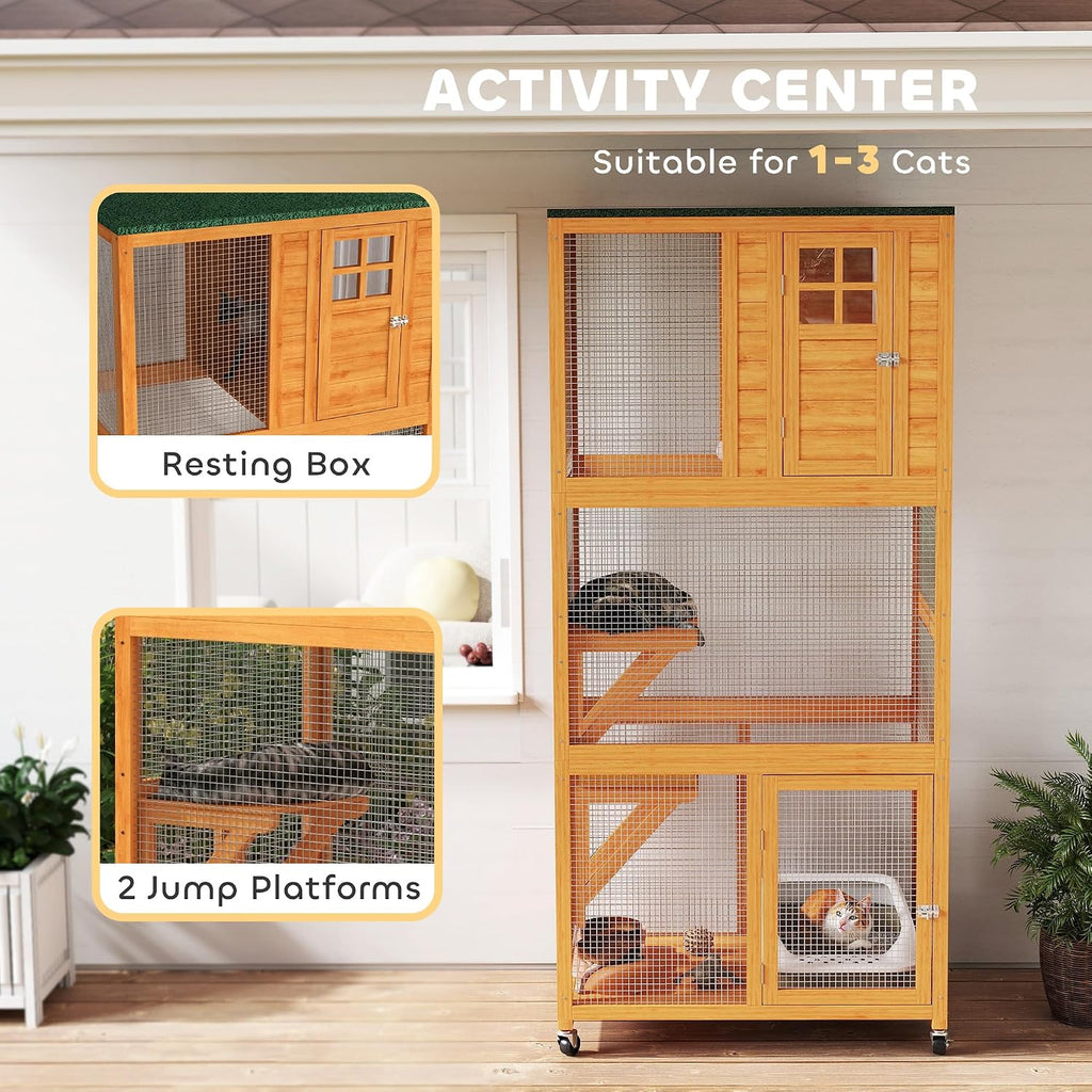 74" Wooden Catio Outdoor Cat Enclosure Weatherproof & Wheeled, Outside Cat House with High Weight Capacity, Kitten