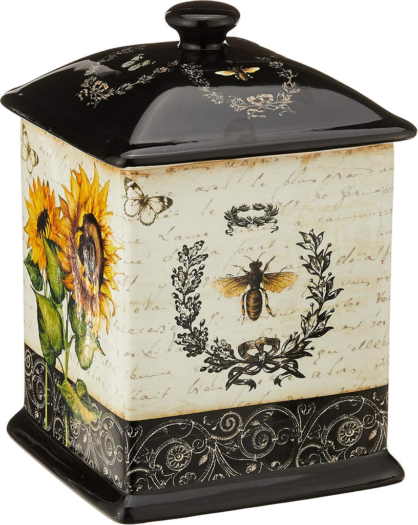 French Sunflowers Canister Set Ceramic Kitchen Storage Jars with Lids, Vintage Sunflower Decor, Floral Bee - Set of 3