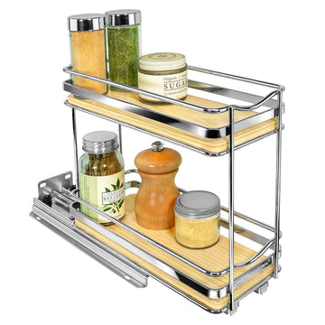 ÉliteTM Pull Out Spice Organization for Cabinets - 4-3/8 inch Wide - Spice Rack for Inside Cabinets - Wood/Chrome