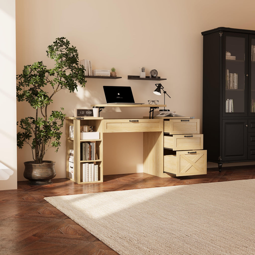 Farmhouse Lift Top Desk: Rustic Wood Standing Desk with 3 Drawers & Open Storage Shelves, Adjustable Height, White &