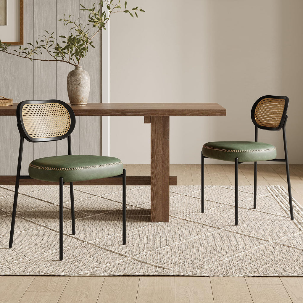 Rattan Dining Chairs Set of 6, Green Leather Upholstered Dining Chairs with Rattan Cane Back, Mid Century Modern