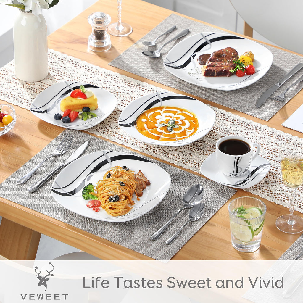Ceramic Dinnerware Sets for 6, White and Black Dishes Set, FIONA