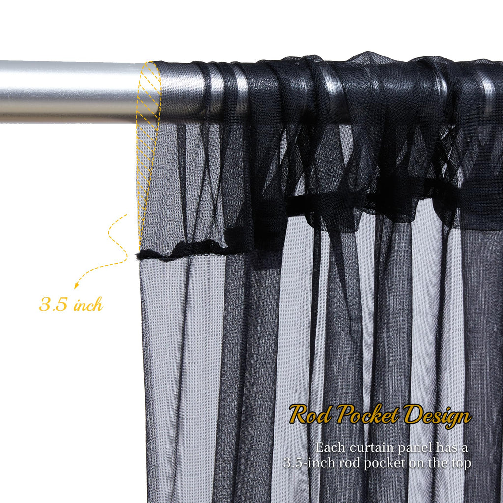 10x10ft Black Tulle Backdrop Curtain with Lights String for Parites, Sheer Photo Backdrop Drapes for Wedding Baby