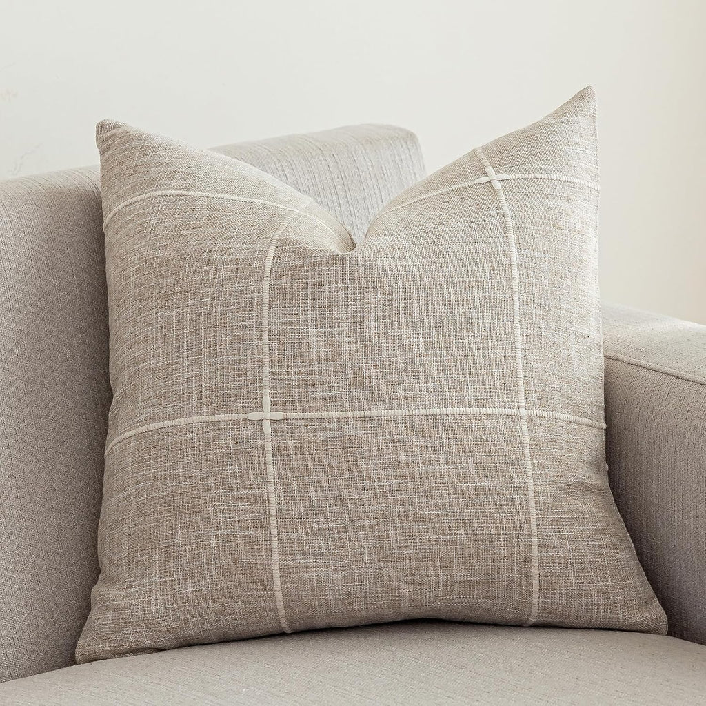 Rustic Lattice Cotton Linen Decorative Throw Pillow Cover Embroidery Square Cushion Cover Pillowcase, 20"x20")