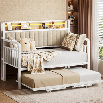 Daybed with Trundle and LED Light, Heavy Duty Metal Twin Bed Frame with Upholstered Storage Headboard & Charging