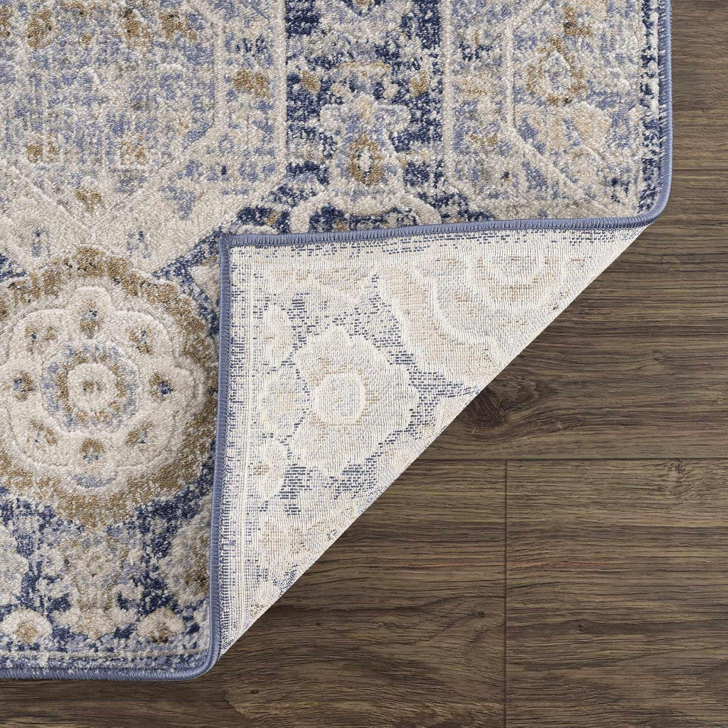 Kismet Boho Vintage Traditional Damask Area Rug - Farmhouse Traditional Floral Medallion Carpet - Beige, Blue, Gray